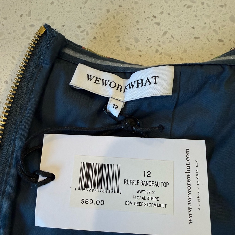 NWT WeWoreWhat Ruffle Beaded Floral Stripe Deep Storm Bandeau Size 12 Denim $89 - Picture 3 of 15
